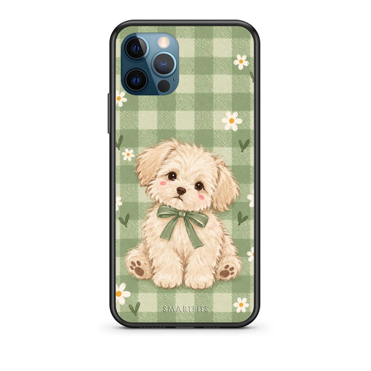 Θήκη iPhone 12 Pro Max Puppy and Daisies on Sage Gingham από τη Smartfits με σχέδιο στο πίσω μέρος και μαύρο περίβλημα | iPhone 12 Pro Max Puppy and Daisies on Sage Gingham case with colorful back and black bezels