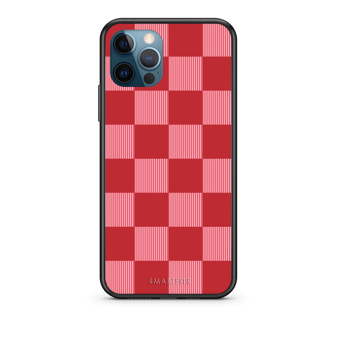 Θήκη iPhone 12 Pro Max Red and Pink Striped Checks από τη Smartfits με σχέδιο στο πίσω μέρος και μαύρο περίβλημα | iPhone 12 Pro Max Red and Pink Striped Checks case with colorful back and black bezels