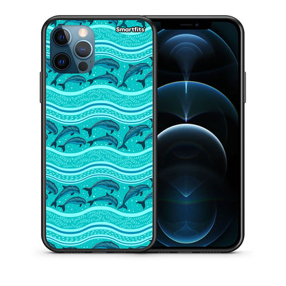Θήκη iPhone 12 Pro Max Swimming Dolphins από τη Smartfits με σχέδιο στο πίσω μέρος και μαύρο περίβλημα | iPhone 12 Pro Max Swimming Dolphins case with colorful back and black bezels