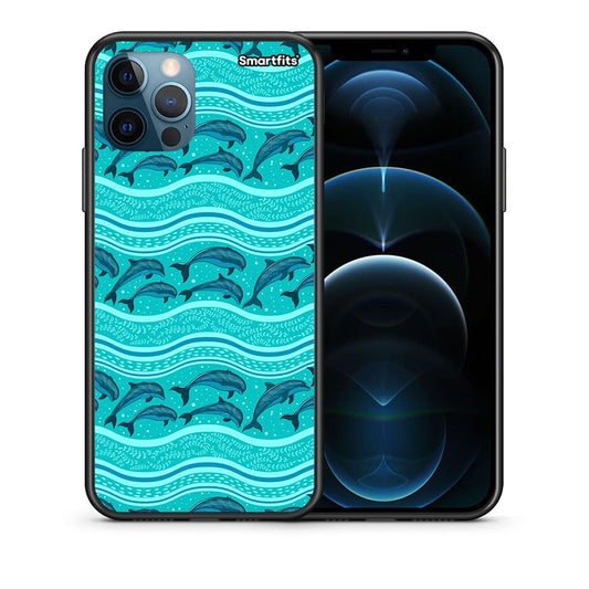 Θήκη iPhone 12 Pro Max Swimming Dolphins από τη Smartfits με σχέδιο στο πίσω μέρος και μαύρο περίβλημα | iPhone 12 Pro Max Swimming Dolphins case with colorful back and black bezels
