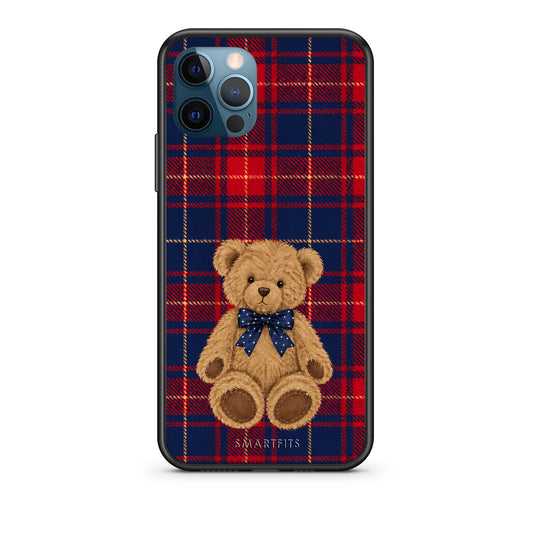Θήκη iPhone 12 Pro Max Teddy Bear on Red and Navy Tartan από τη Smartfits με σχέδιο στο πίσω μέρος και μαύρο περίβλημα | iPhone 12 Pro Max Teddy Bear on Red and Navy Tartan case with colorful back and black bezels