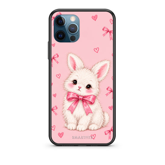 Θήκη iPhone 12 Pro Max White Bunny and Pink Bows από τη Smartfits με σχέδιο στο πίσω μέρος και μαύρο περίβλημα | iPhone 12 Pro Max White Bunny and Pink Bows case with colorful back and black bezels