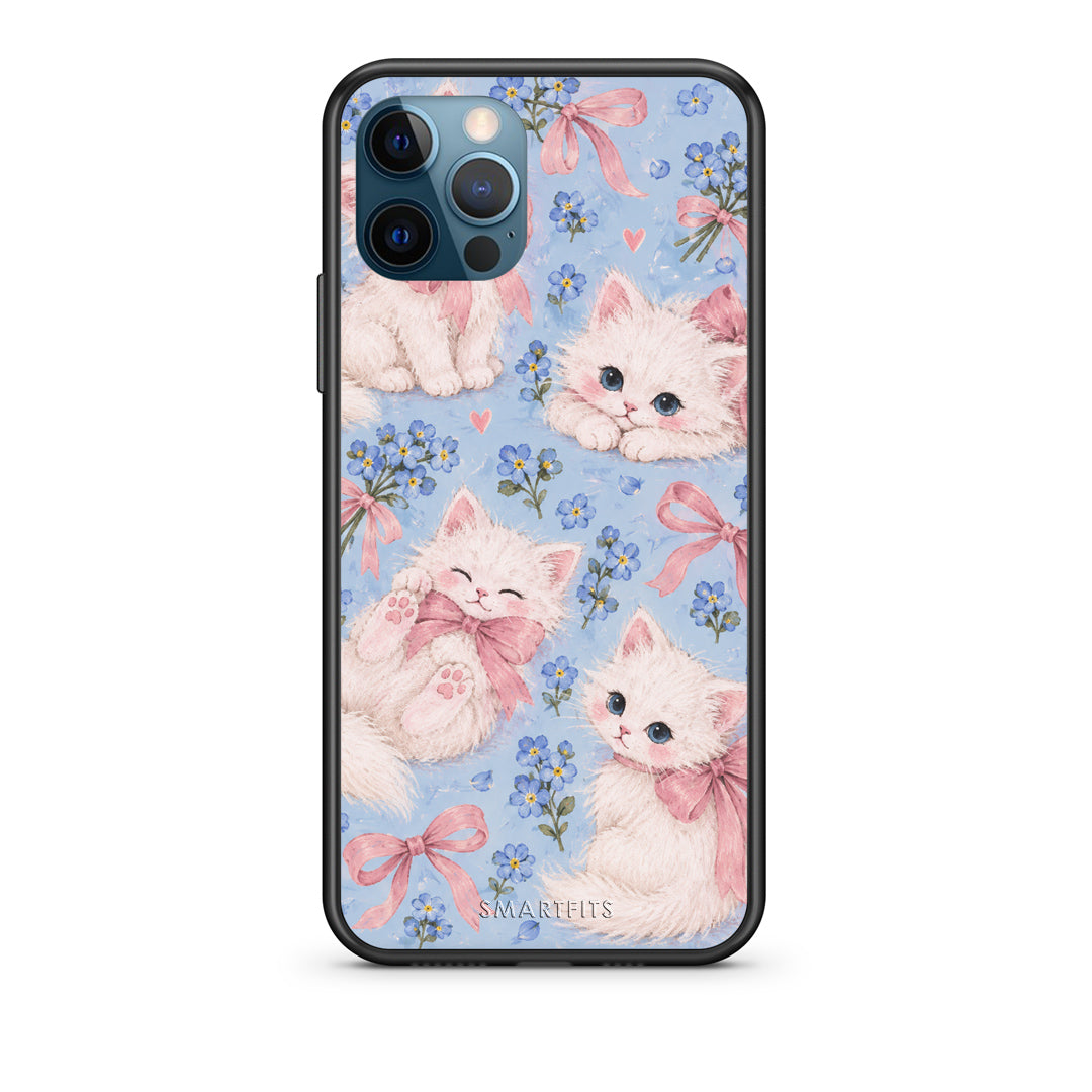 Θήκη iPhone 12 Pro Max White Kittens and Blue Flowers Large από τη Smartfits με σχέδιο στο πίσω μέρος και μαύρο περίβλημα | iPhone 12 Pro Max White Kittens and Blue Flowers Large case with colorful back and black bezels