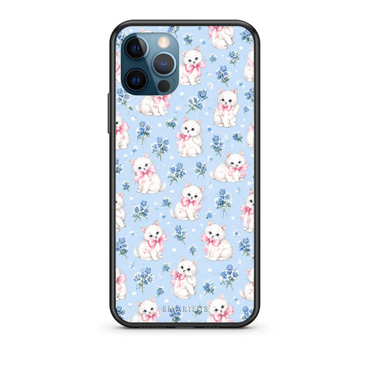 Θήκη iPhone 12 Pro Max White Kittens and Blue Flowers Small από τη Smartfits με σχέδιο στο πίσω μέρος και μαύρο περίβλημα | iPhone 12 Pro Max White Kittens and Blue Flowers Small case with colorful back and black bezels