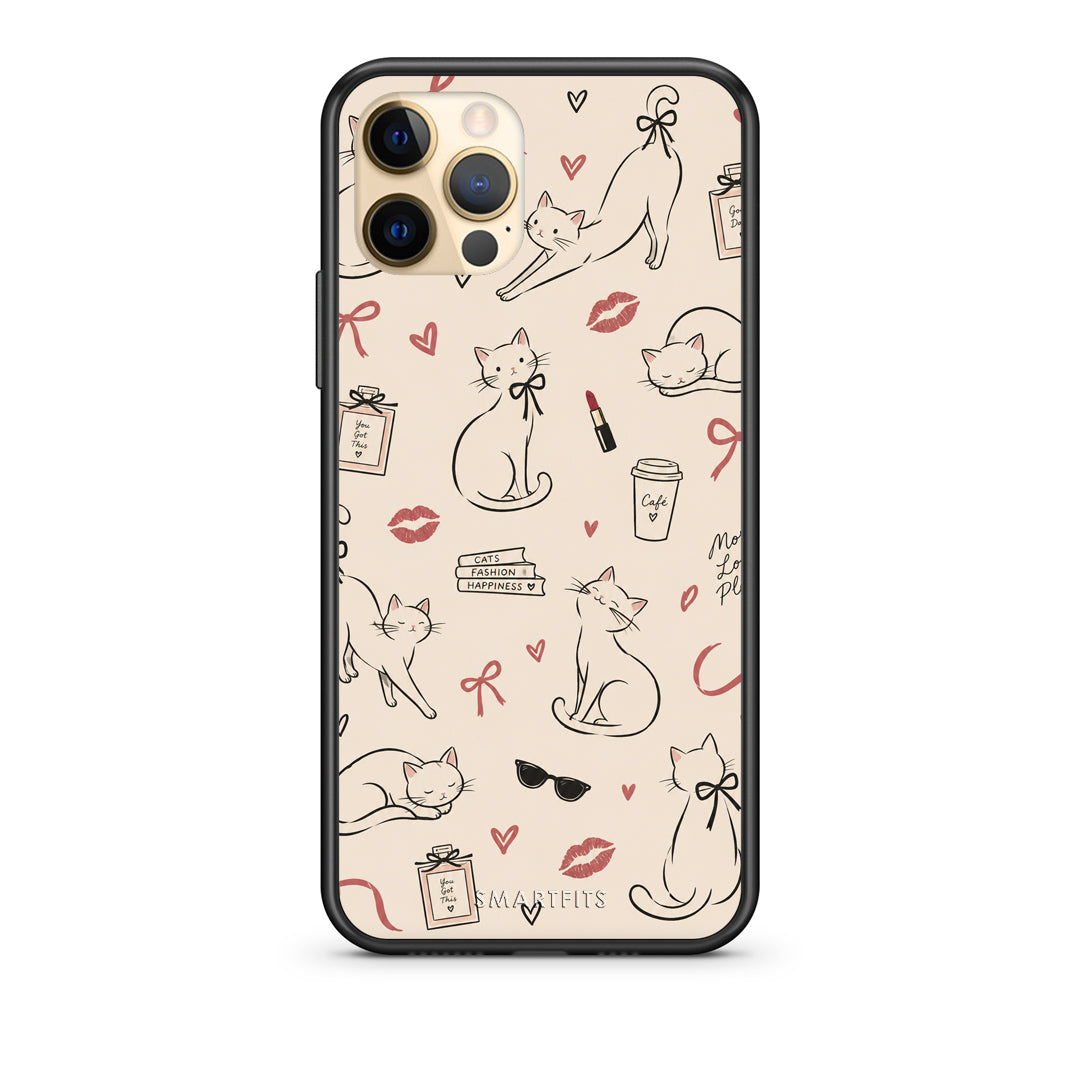 Θήκη iPhone 12 Pro Minimal Cat and Fashion Doodles on Cream από τη Smartfits με σχέδιο στο πίσω μέρος και μαύρο περίβλημα | iPhone 12 Pro Minimal Cat and Fashion Doodles on Cream case with colorful back and black bezels