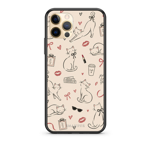 Θήκη iPhone 12 Pro Minimal Cat and Fashion Doodles on Cream από τη Smartfits με σχέδιο στο πίσω μέρος και μαύρο περίβλημα | iPhone 12 Pro Minimal Cat and Fashion Doodles on Cream case with colorful back and black bezels