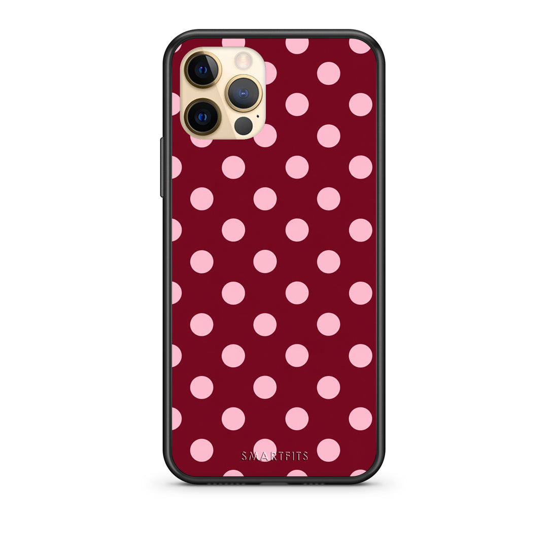 Θήκη iPhone 12 Pro Pink Polka Dots on Burgundy από τη Smartfits με σχέδιο στο πίσω μέρος και μαύρο περίβλημα | iPhone 12 Pro Pink Polka Dots on Burgundy case with colorful back and black bezels