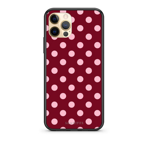 Θήκη iPhone 12 Pro Pink Polka Dots on Burgundy από τη Smartfits με σχέδιο στο πίσω μέρος και μαύρο περίβλημα | iPhone 12 Pro Pink Polka Dots on Burgundy case with colorful back and black bezels