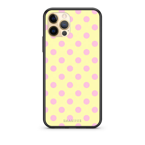 Θήκη iPhone 12 Pro Pink Polka Dots on Yellow από τη Smartfits με σχέδιο στο πίσω μέρος και μαύρο περίβλημα | iPhone 12 Pro Pink Polka Dots on Yellow case with colorful back and black bezels