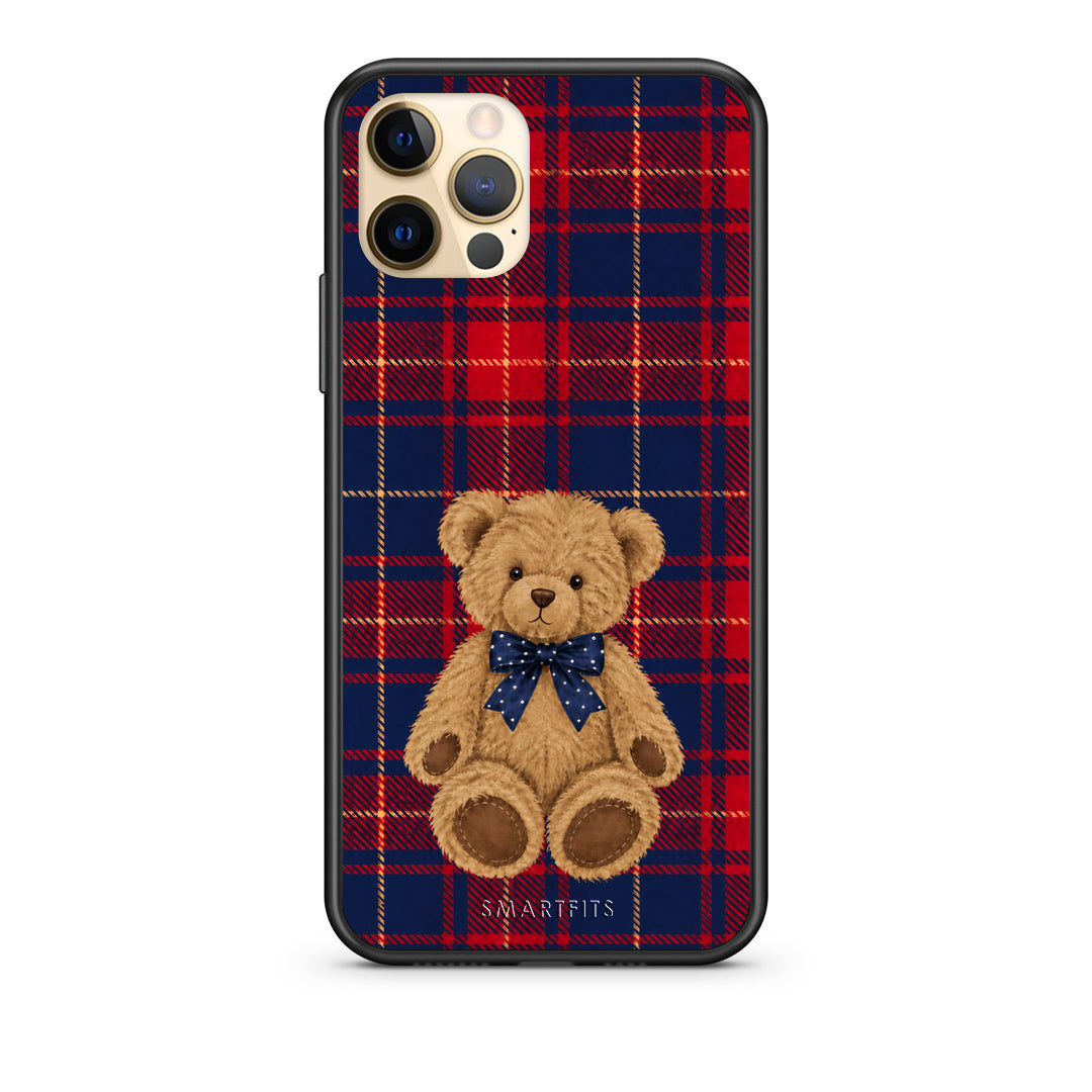 Θήκη iPhone 12 Pro Teddy Bear on Red and Navy Tartan από τη Smartfits με σχέδιο στο πίσω μέρος και μαύρο περίβλημα | iPhone 12 Pro Teddy Bear on Red and Navy Tartan case with colorful back and black bezels