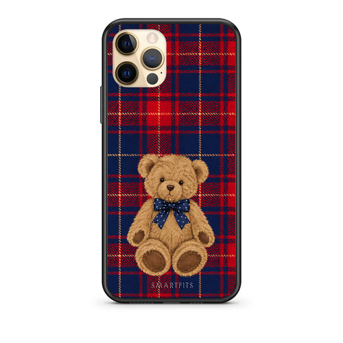 Θήκη iPhone 12 Pro Teddy Bear on Red and Navy Tartan από τη Smartfits με σχέδιο στο πίσω μέρος και μαύρο περίβλημα | iPhone 12 Pro Teddy Bear on Red and Navy Tartan case with colorful back and black bezels