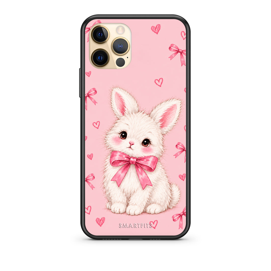 Θήκη iPhone 12 Pro White Bunny and Pink Bows από τη Smartfits με σχέδιο στο πίσω μέρος και μαύρο περίβλημα | iPhone 12 Pro White Bunny and Pink Bows case with colorful back and black bezels