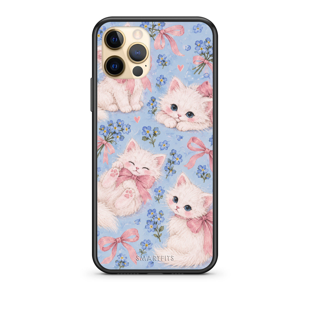 Θήκη iPhone 12 Pro White Kittens and Blue Flowers Large από τη Smartfits με σχέδιο στο πίσω μέρος και μαύρο περίβλημα | iPhone 12 Pro White Kittens and Blue Flowers Large case with colorful back and black bezels