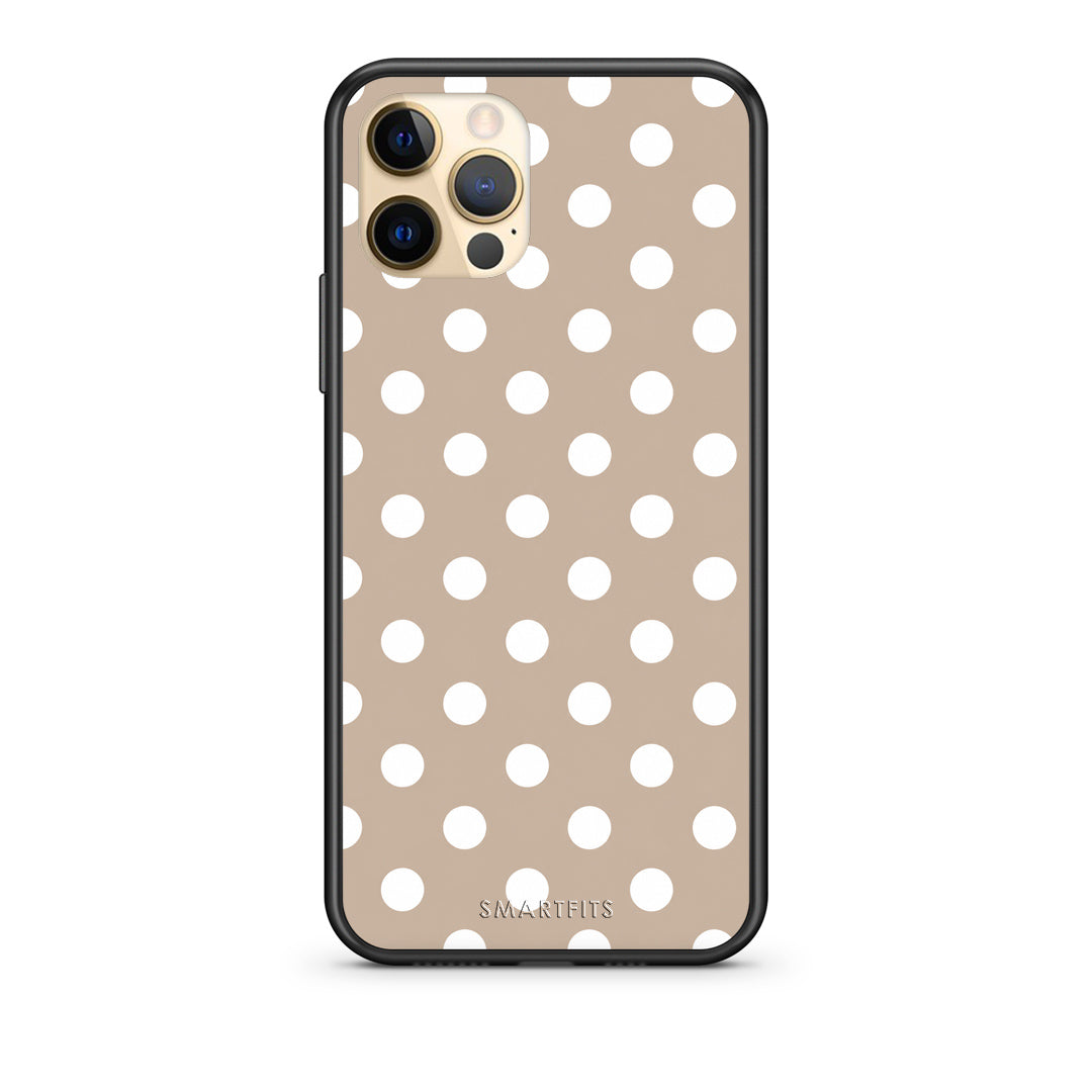 Θήκη iPhone 12 Pro White Polka Dots on Taupe από τη Smartfits με σχέδιο στο πίσω μέρος και μαύρο περίβλημα | iPhone 12 Pro White Polka Dots on Taupe case with colorful back and black bezels
