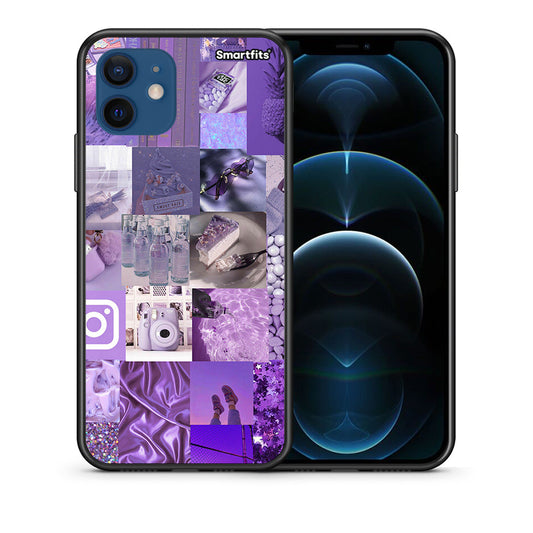 Θήκη iPhone 12 Purple Aesthetic Collage από τη Smartfits με σχέδιο στο πίσω μέρος και μαύρο περίβλημα | iPhone 12 Purple Aesthetic Collage case with colorful back and black bezels