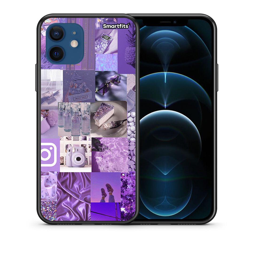 Θήκη iPhone 12 Purple Aesthetic Collage από τη Smartfits με σχέδιο στο πίσω μέρος και μαύρο περίβλημα | iPhone 12 Purple Aesthetic Collage case with colorful back and black bezels