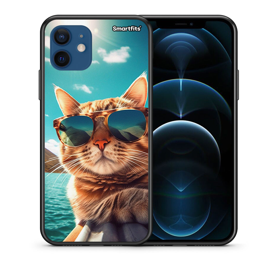 Θήκη iPhone 12 Summer Cat από τη Smartfits με σχέδιο στο πίσω μέρος και μαύρο περίβλημα | iPhone 12 Summer Cat case with colorful back and black bezels