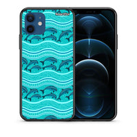 Thumbnail for Θήκη iPhone 12 Swimming Dolphins από τη Smartfits με σχέδιο στο πίσω μέρος και μαύρο περίβλημα | iPhone 12 Swimming Dolphins case with colorful back and black bezels