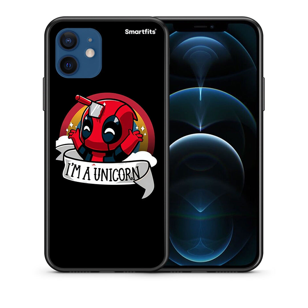 Θήκη iPhone 12 Unicorn Deadpool από τη Smartfits με σχέδιο στο πίσω μέρος και μαύρο περίβλημα | iPhone 12 Unicorn Deadpool case with colorful back and black bezels