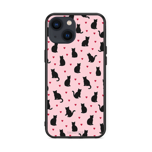 Θήκη iPhone 13 Black Cat Silhouettes and Hearts on Pink από τη Smartfits με σχέδιο στο πίσω μέρος και μαύρο περίβλημα | iPhone 13 Black Cat Silhouettes and Hearts on Pink case with colorful back and black bezels