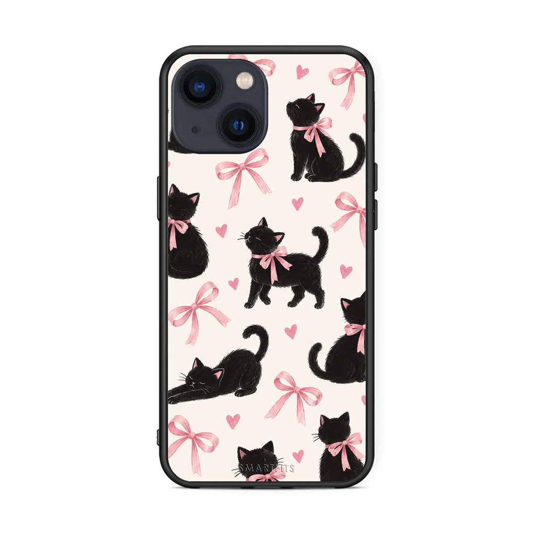 Θήκη iPhone 13 Black Kittens and Pink Bows on Cream Large από τη Smartfits με σχέδιο στο πίσω μέρος και μαύρο περίβλημα | iPhone 13 Black Kittens and Pink Bows on Cream Large case with colorful back and black bezels