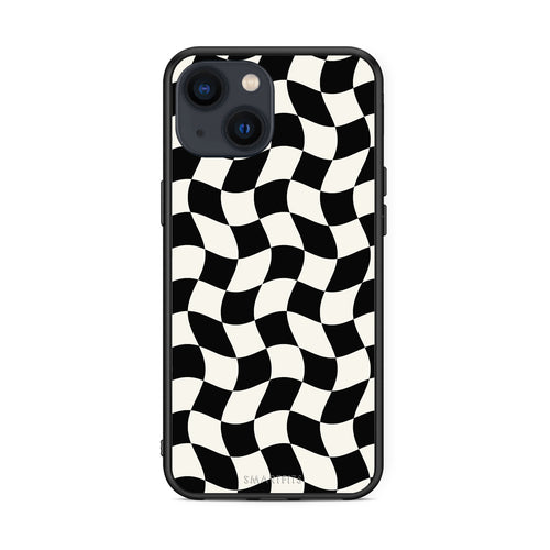 Θήκη iPhone 13 Black and Cream Wavy Checkerboard από τη Smartfits με σχέδιο στο πίσω μέρος και μαύρο περίβλημα | iPhone 13 Black and Cream Wavy Checkerboard case with colorful back and black bezels