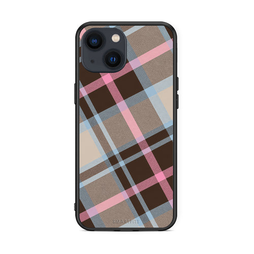 Θήκη iPhone 13 Brown Pink and Blue Diagonal Plaid από τη Smartfits με σχέδιο στο πίσω μέρος και μαύρο περίβλημα | iPhone 13 Brown Pink and Blue Diagonal Plaid case with colorful back and black bezels