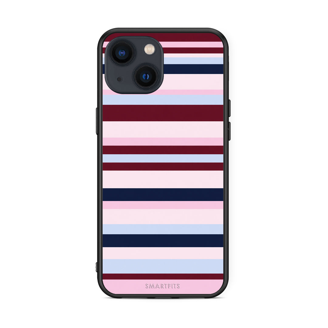 Θήκη iPhone 13 Burgundy Pink and Blue Horizontal Stripes από τη Smartfits με σχέδιο στο πίσω μέρος και μαύρο περίβλημα | iPhone 13 Burgundy Pink and Blue Horizontal Stripes case with colorful back and black bezels
