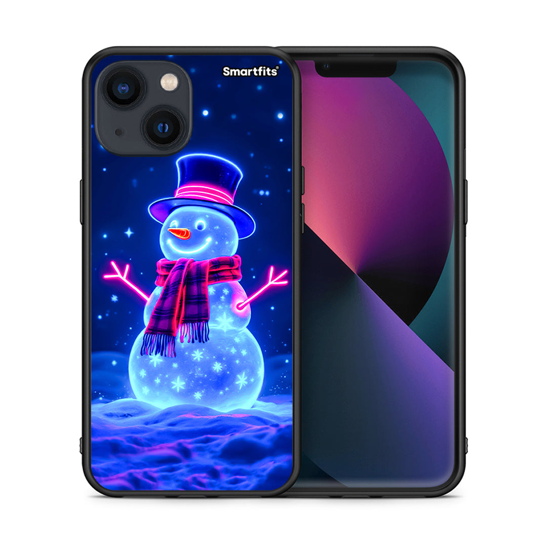 Θήκη iPhone 13 Mini Christmas Neon Snowman από τη Smartfits με σχέδιο στο πίσω μέρος και μαύρο περίβλημα | iPhone 13 Mini Christmas Neon Snowman case with colorful back and black bezels