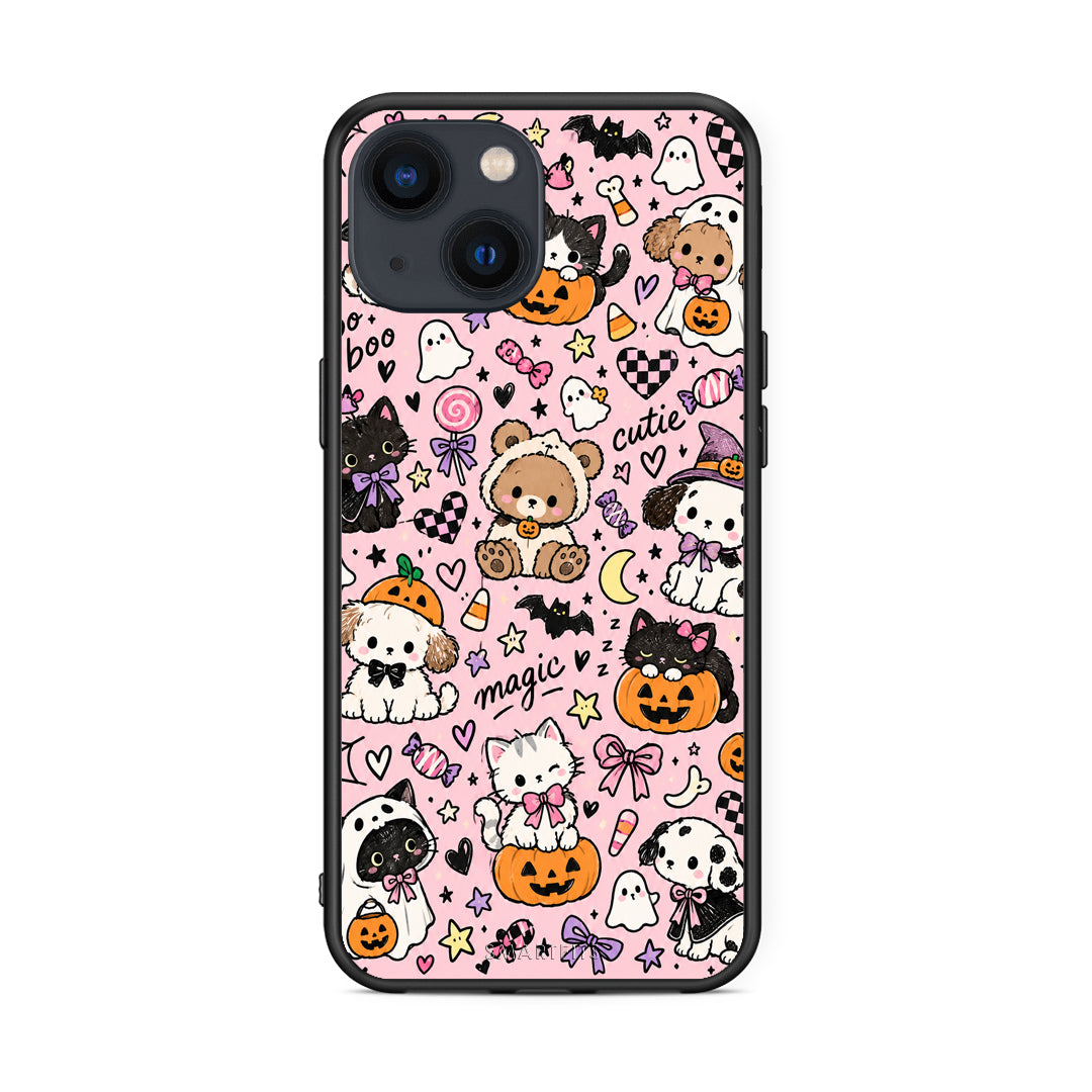Θήκη iPhone 13 Halloween Cute Animals on Pink από τη Smartfits με σχέδιο στο πίσω μέρος και μαύρο περίβλημα | iPhone 13 Halloween Cute Animals on Pink case with colorful back and black bezels