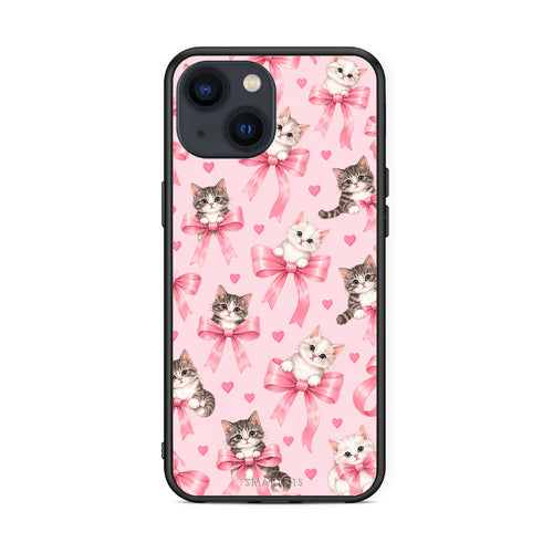 Θήκη iPhone 13 Kittens and Pink Bows on Pink από τη Smartfits με σχέδιο στο πίσω μέρος και μαύρο περίβλημα | iPhone 13 Kittens and Pink Bows on Pink case with colorful back and black bezels