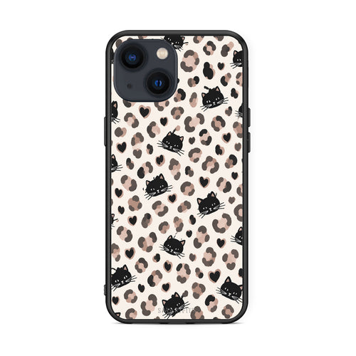 Θήκη iPhone 13 Leopard Spots and Black Cats on Cream από τη Smartfits με σχέδιο στο πίσω μέρος και μαύρο περίβλημα | iPhone 13 Leopard Spots and Black Cats on Cream case with colorful back and black bezels