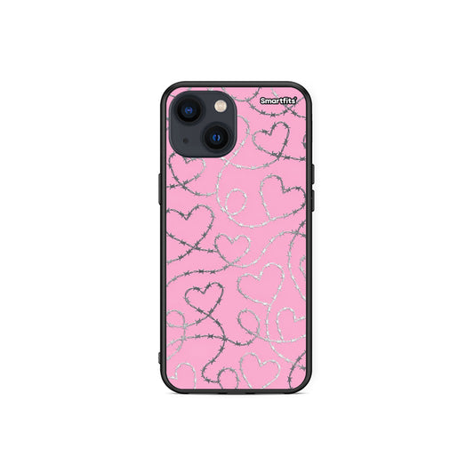 Θήκη iPhone 13 Mini Barbed Wire Hearts on Pink από τη Smartfits με σχέδιο στο πίσω μέρος και μαύρο περίβλημα | iPhone 13 Mini Barbed Wire Hearts on Pink case with colorful back and black bezels