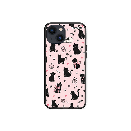 Θήκη iPhone 13 Mini Black Cat Doodles on Pink από τη Smartfits με σχέδιο στο πίσω μέρος και μαύρο περίβλημα | iPhone 13 Mini Black Cat Doodles on Pink case with colorful back and black bezels