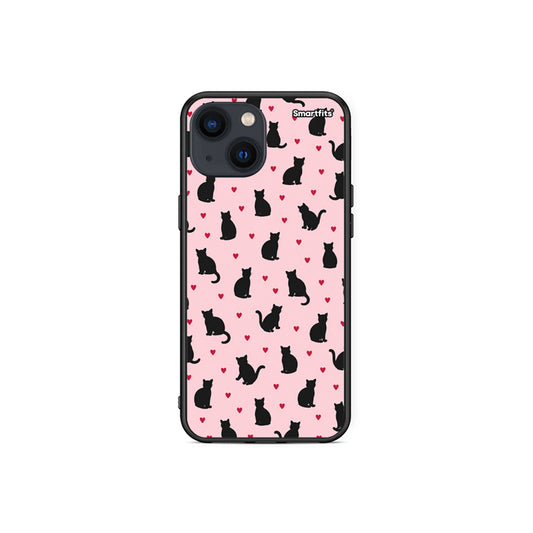 Θήκη iPhone 13 Mini Black Cat Silhouettes and Hearts on Pink από τη Smartfits με σχέδιο στο πίσω μέρος και μαύρο περίβλημα | iPhone 13 Mini Black Cat Silhouettes and Hearts on Pink case with colorful back and black bezels