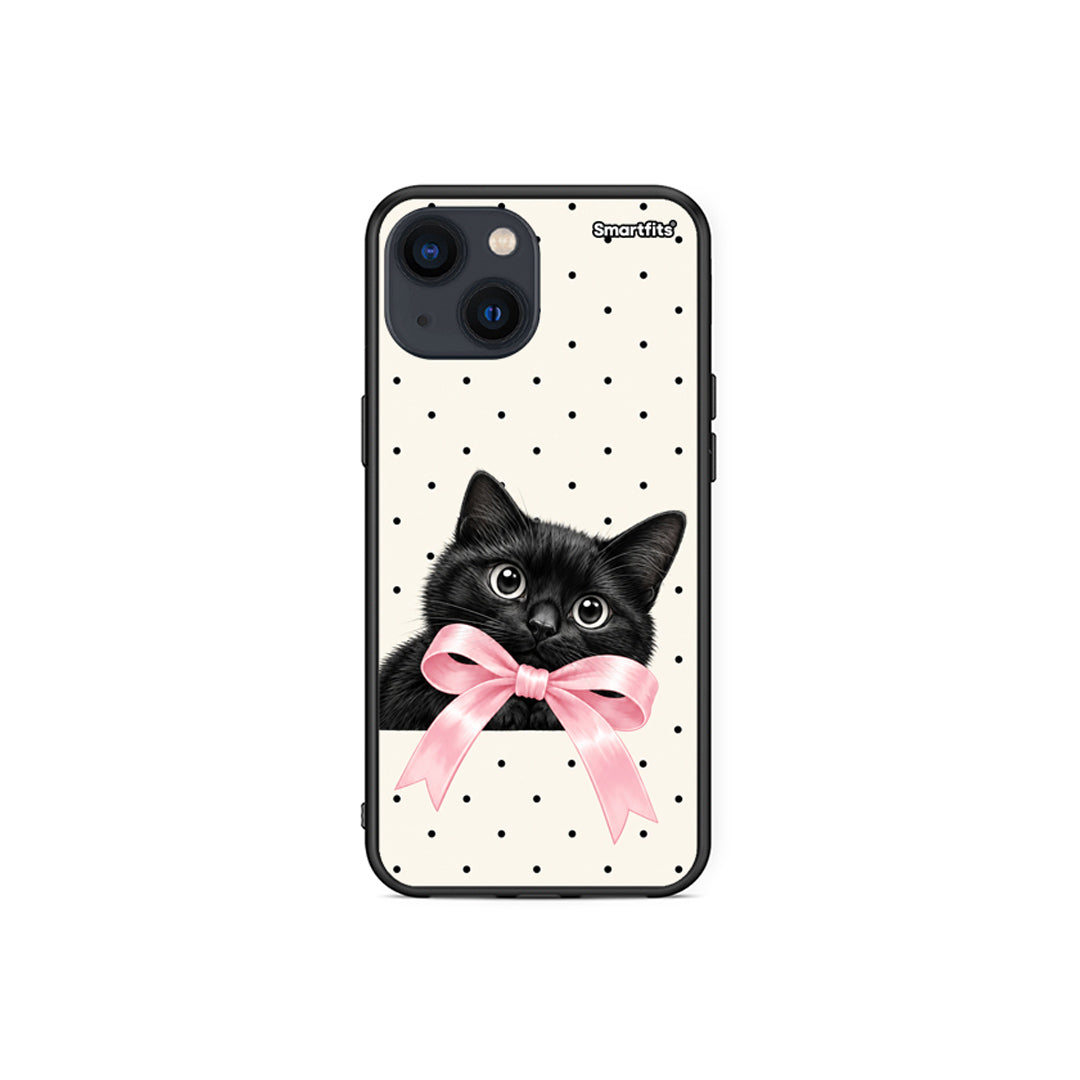 Θήκη iPhone 13 Mini Black Kitten Pink Bow and Polka Dots από τη Smartfits με σχέδιο στο πίσω μέρος και μαύρο περίβλημα | iPhone 13 Mini Black Kitten Pink Bow and Polka Dots case with colorful back and black bezels
