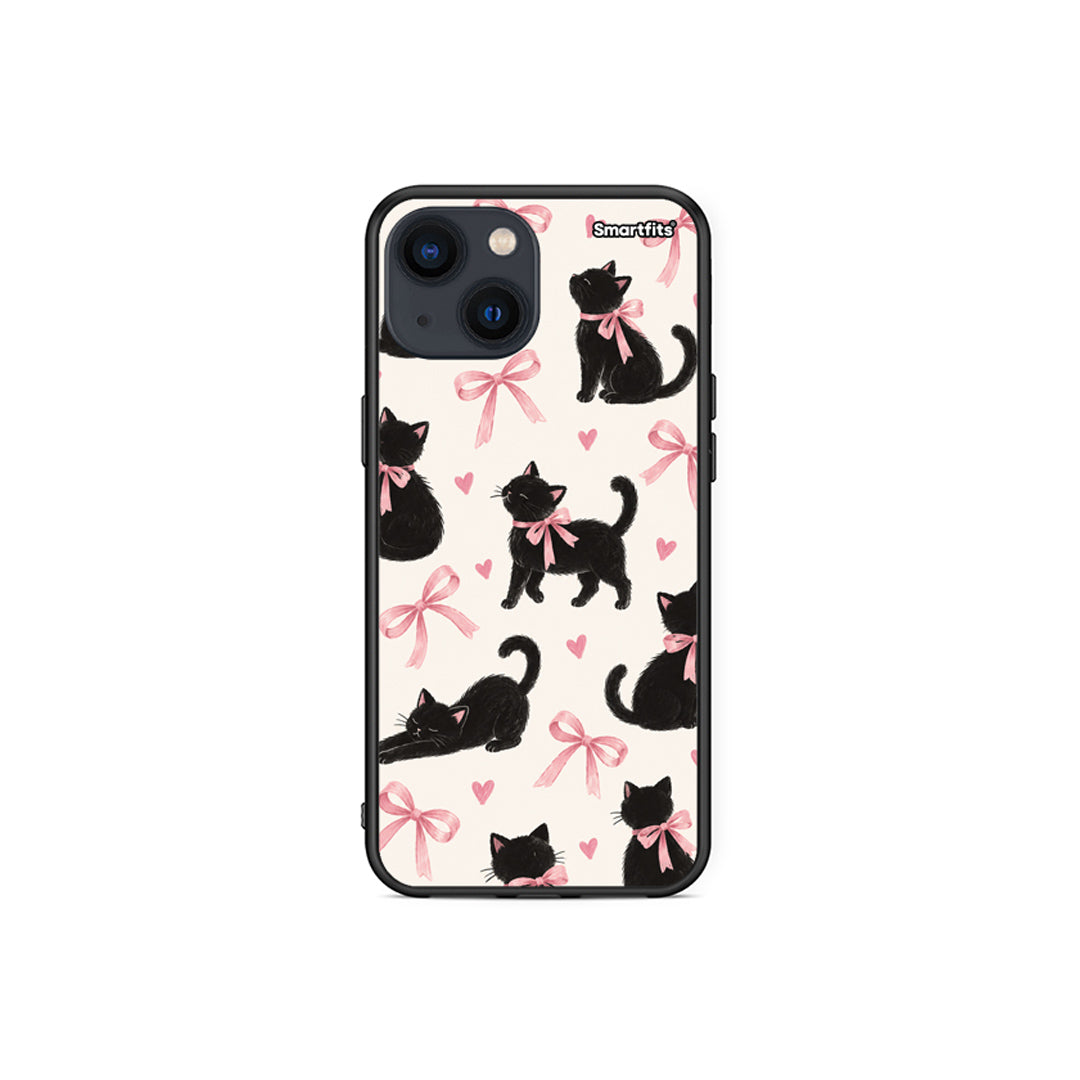 Θήκη iPhone 13 Mini Black Kittens and Pink Bows on Cream Large από τη Smartfits με σχέδιο στο πίσω μέρος και μαύρο περίβλημα | iPhone 13 Mini Black Kittens and Pink Bows on Cream Large case with colorful back and black bezels