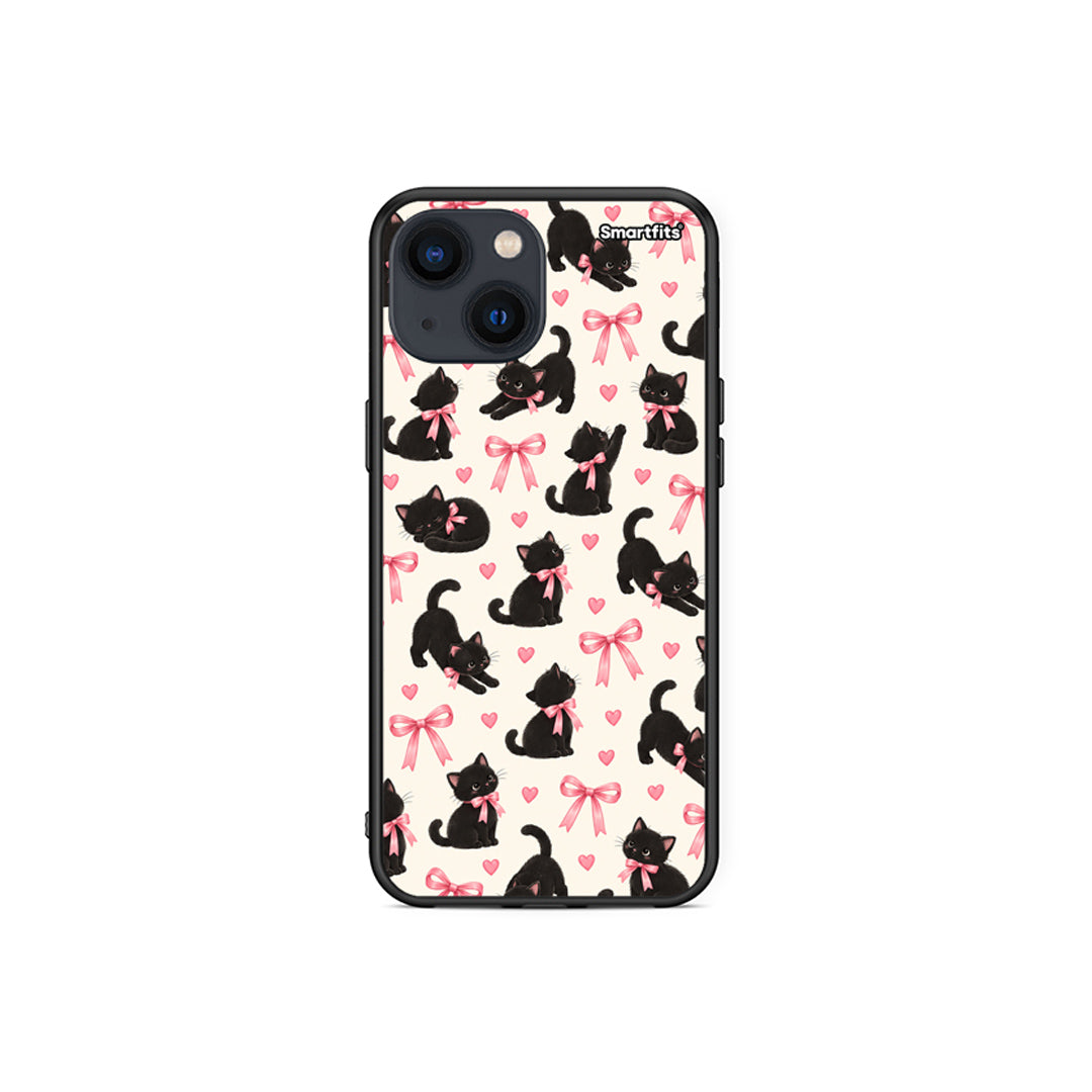 Θήκη iPhone 13 Mini Black Kittens and Pink Bows on Cream Small από τη Smartfits με σχέδιο στο πίσω μέρος και μαύρο περίβλημα | iPhone 13 Mini Black Kittens and Pink Bows on Cream Small case with colorful back and black bezels