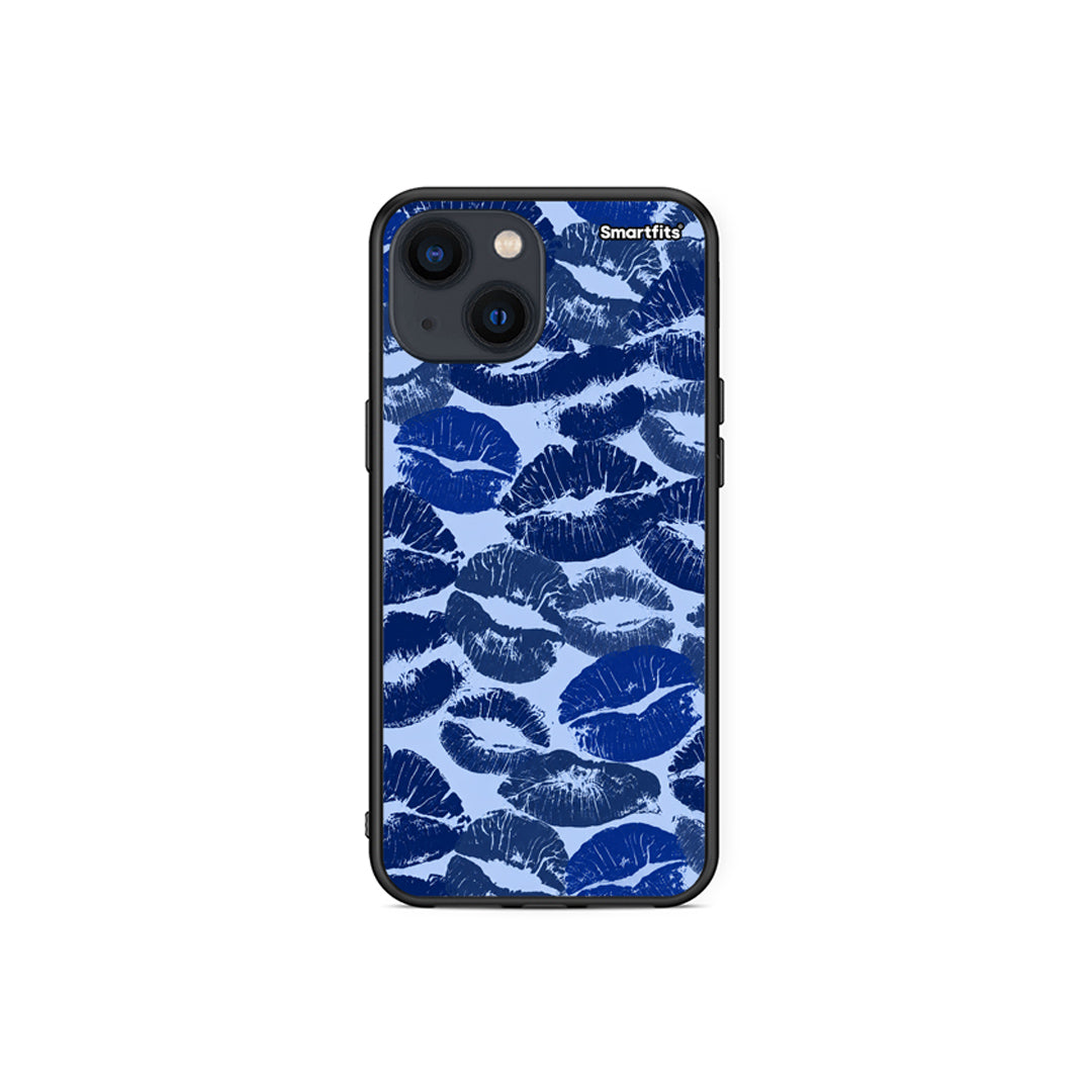 Θήκη iPhone 13 Mini Blue Lipstick Kisses από τη Smartfits με σχέδιο στο πίσω μέρος και μαύρο περίβλημα | iPhone 13 Mini Blue Lipstick Kisses case with colorful back and black bezels