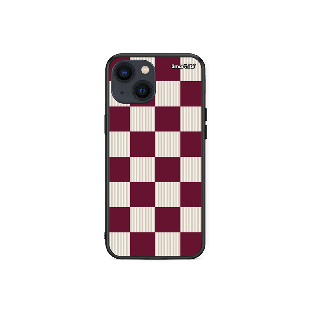 Θήκη iPhone 13 Mini Burgundy and Cream Striped Checks από τη Smartfits με σχέδιο στο πίσω μέρος και μαύρο περίβλημα | iPhone 13 Mini Burgundy and Cream Striped Checks case with colorful back and black bezels
