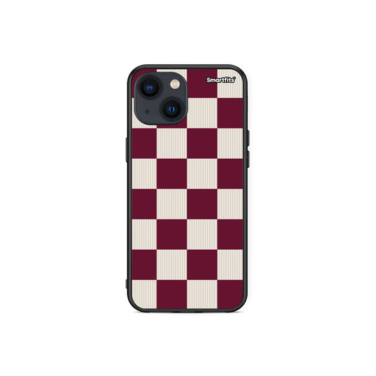 Θήκη iPhone 13 Mini Burgundy and Cream Striped Checks από τη Smartfits με σχέδιο στο πίσω μέρος και μαύρο περίβλημα | iPhone 13 Mini Burgundy and Cream Striped Checks case with colorful back and black bezels