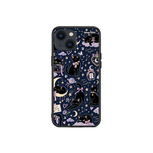 Θήκη iPhone 13 Mini Celestial Black Cats on Navy από τη Smartfits με σχέδιο στο πίσω μέρος και μαύρο περίβλημα | iPhone 13 Mini Celestial Black Cats on Navy case with colorful back and black bezels