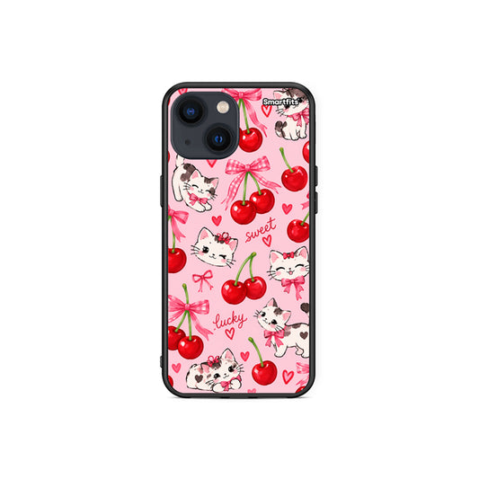 Θήκη iPhone 13 Mini Cherries Bows and Kittens on Pink από τη Smartfits με σχέδιο στο πίσω μέρος και μαύρο περίβλημα | iPhone 13 Mini Cherries Bows and Kittens on Pink case with colorful back and black bezels