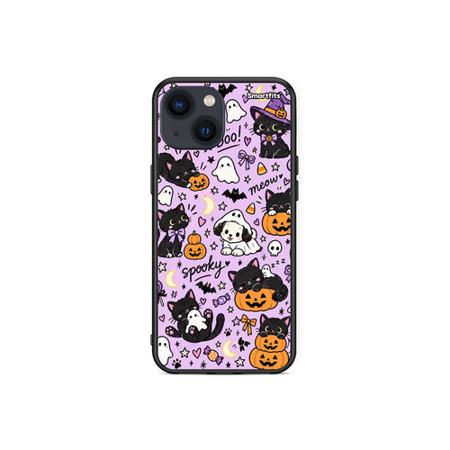 Θήκη iPhone 13 Mini Halloween Black Cats on Lilac από τη Smartfits με σχέδιο στο πίσω μέρος και μαύρο περίβλημα | iPhone 13 Mini Halloween Black Cats on Lilac case with colorful back and black bezels