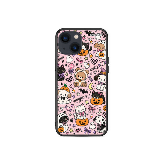 Θήκη iPhone 13 Mini Halloween Cute Animals on Pink από τη Smartfits με σχέδιο στο πίσω μέρος και μαύρο περίβλημα | iPhone 13 Mini Halloween Cute Animals on Pink case with colorful back and black bezels