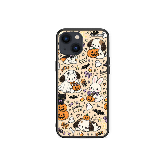 Θήκη iPhone 13 Mini Halloween Puppies and Friends on Cream από τη Smartfits με σχέδιο στο πίσω μέρος και μαύρο περίβλημα | iPhone 13 Mini Halloween Puppies and Friends on Cream case with colorful back and black bezels