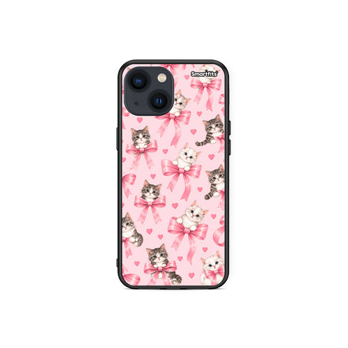Θήκη iPhone 13 Mini Kittens and Pink Bows on Pink από τη Smartfits με σχέδιο στο πίσω μέρος και μαύρο περίβλημα | iPhone 13 Mini Kittens and Pink Bows on Pink case with colorful back and black bezels