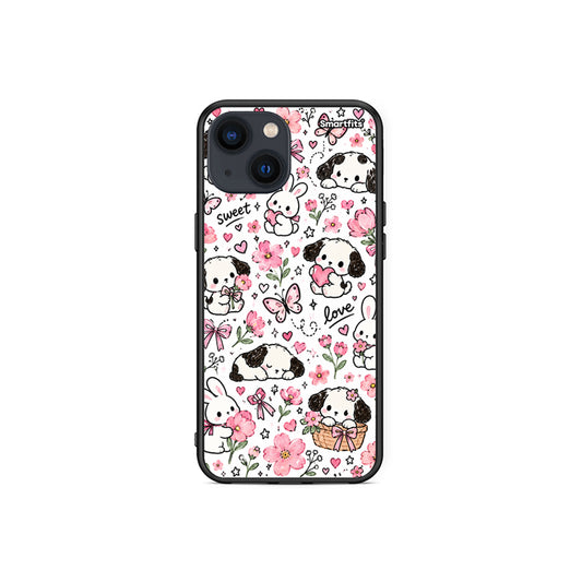 Θήκη iPhone 13 Mini Pink Florals Puppies and Bunnies on White από τη Smartfits με σχέδιο στο πίσω μέρος και μαύρο περίβλημα | iPhone 13 Mini Pink Florals Puppies and Bunnies on White case with colorful back and black bezels