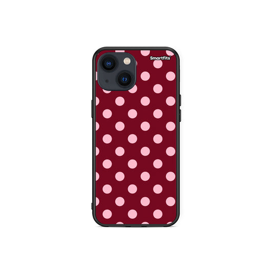 Θήκη iPhone 13 Mini Pink Polka Dots on Burgundy από τη Smartfits με σχέδιο στο πίσω μέρος και μαύρο περίβλημα | iPhone 13 Mini Pink Polka Dots on Burgundy case with colorful back and black bezels