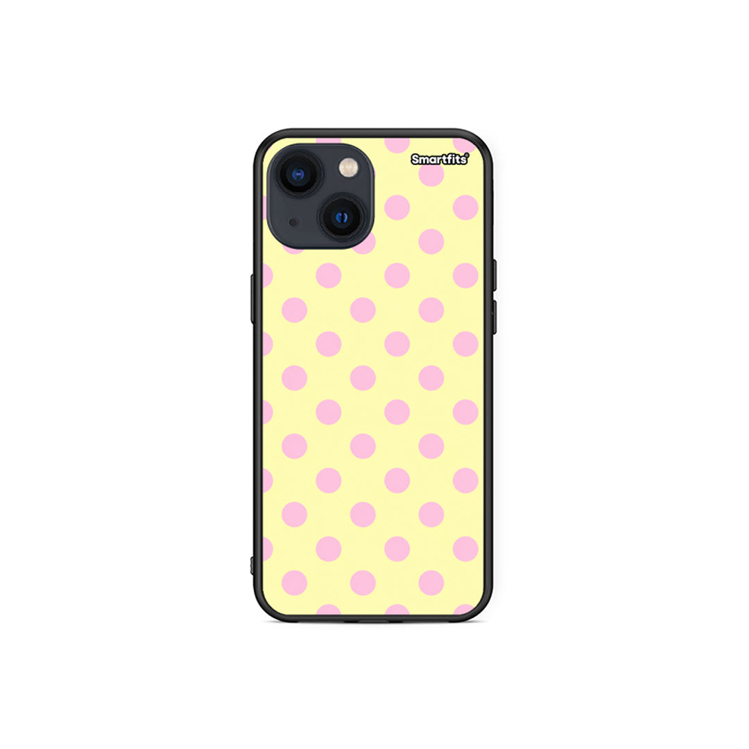 Θήκη iPhone 13 Mini Pink Polka Dots on Yellow από τη Smartfits με σχέδιο στο πίσω μέρος και μαύρο περίβλημα | iPhone 13 Mini Pink Polka Dots on Yellow case with colorful back and black bezels